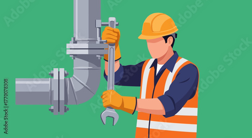 Plumber tightening pipe with wrench, wearing safety gear.