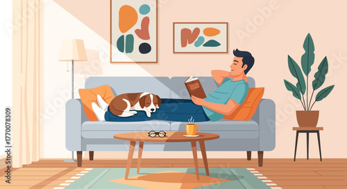 Serene afternoon reading with loyal canine companion in a comfortable living space
