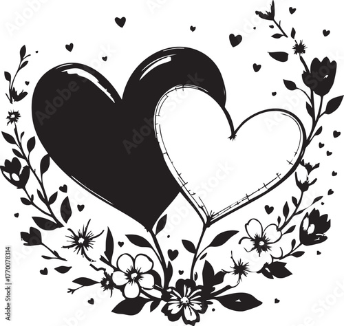 Overlapping hearts with floral elements, black and white romantic vector for love, celebration, and seasonal design themes