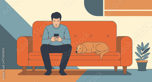 Digital disconnection and companionship domestic interior with man using smartphone near sleeping