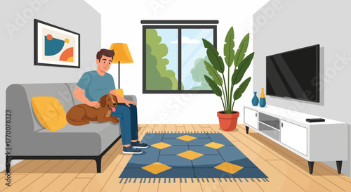 Cozy indoor scene featuring a man relaxing on a sofa with his dog in a modern living room