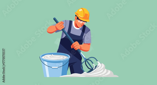 Construction Worker Mixing Cement with Drill in Bucket.