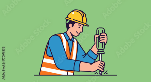 Construction Worker Using Drill with Safety Gear.