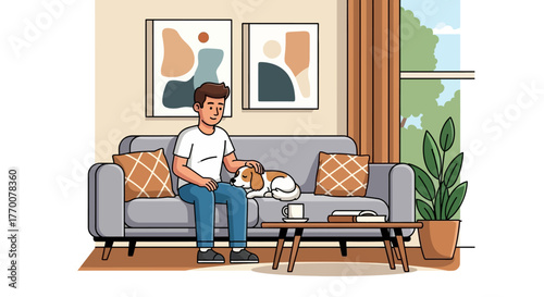 Serene domestic scene depicting a man and his dog relaxing on a sofa in a cozy living room