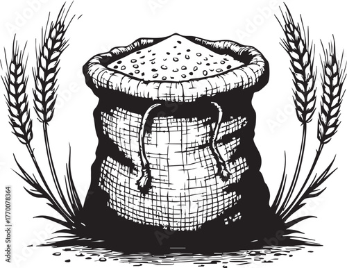 Black and white sack of grain with wheat stalks, detailed vector for harvest, agriculture, food supply, and rural themes