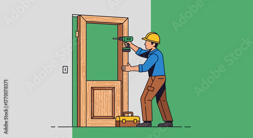 Carpenter Installing Door Frame with Power Drill.
