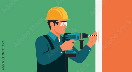 Construction Worker Drilling Wall with Power Drill Wearing Safety Gear.
