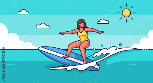 Cartoon illustration of a surfer girl enjoying the ocean on a sunny day at the beach