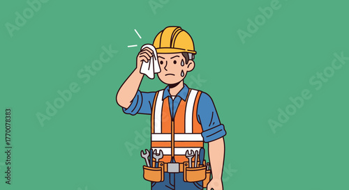 Tired Construction Worker Wiping Sweat from Forehead.