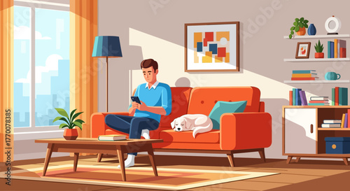 Man using smartphone on sofa with dog in bright sunny living room at home indoor relaxing