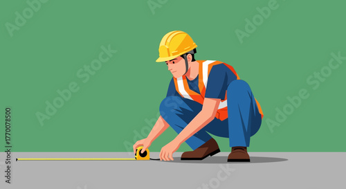 Construction Worker Measuring with Tape Measure on Site.