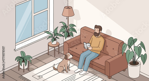 A calming day indoors reading a book alongside his dog surrounded by plants and enjoying sunlight