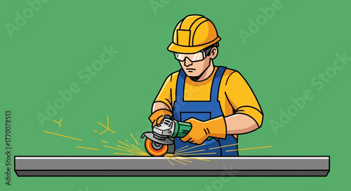 Construction Worker Grinding Metal with Safety Gear.