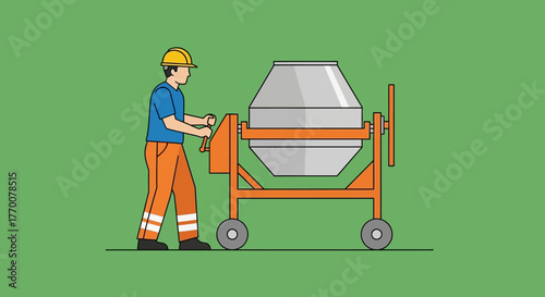 Construction Worker Operating a Cement Mixer.