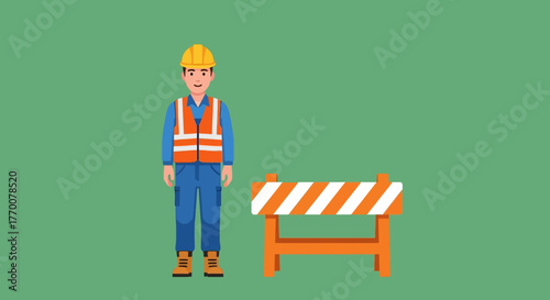 Construction Worker Standing Near Barrier with Safety Gear.