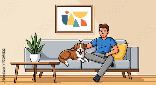 Relaxing time with a canine companion: Man and dog enjoying quiet moment on couch