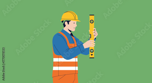 Construction Worker Using Level Tool for Precision Work.