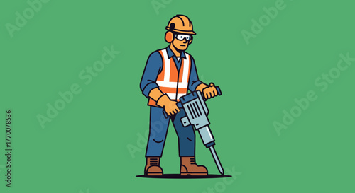 Construction Worker Operating Jackhammer with Safety Gear Illustration.