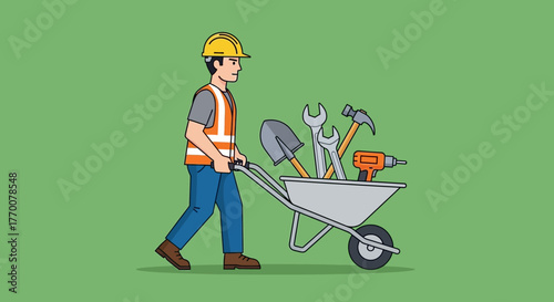 Construction Worker Pushing Wheelbarrow Full of Tools.