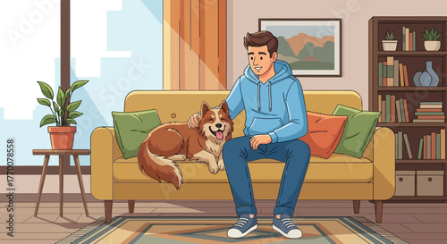 A young man bonding with his dog on a cozy sofa in a warmly decorated living room