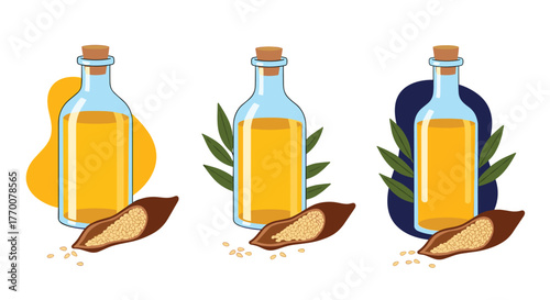 Illustrative vector art featuring natural oil in glass bottles with raw seeds and botanical elements, emphasizing organic healthy ingredients.