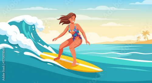 Surfing sensation: A woman's exhilarating ride on a vibrant wave under a sunny sky