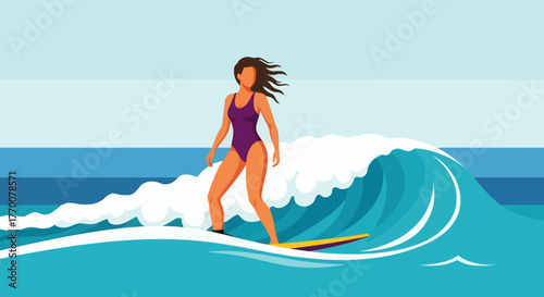 A woman gracefully navigates a wave on her surfboard in a stylized ocean scene illustration