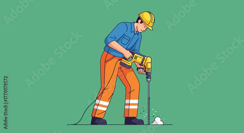 Construction Worker Drilling with Jackhammer on Green Background.