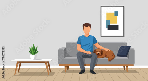 Man relaxing with his dog on the sofa in a modern living room setting is beautifully illustrated