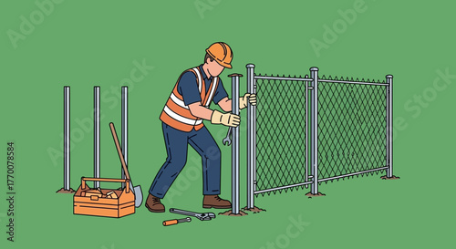 Construction Worker Installing Chain Link Fence on Green Background.