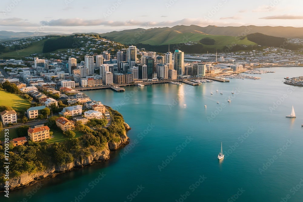 Fototapeta premium Aerial View of a Coastal City Harbor with Buildings, Boats, and Green Hills image photo