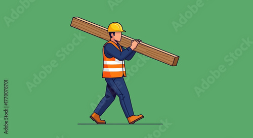 Construction Worker Carrying Lumber on Shoulder in Vector Illustration.