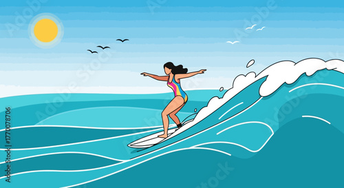 Joyful surfer glides through crystal waves under summer skies, carefree coastal adventure