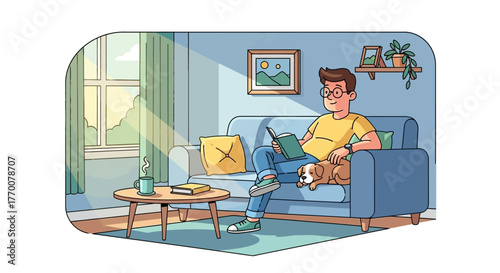 Illustration of a man relaxing at home reading a book with his dog on the sofa in bright sunlight