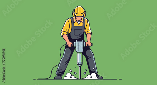 Construction Worker Using Jackhammer Breaking Pavement.