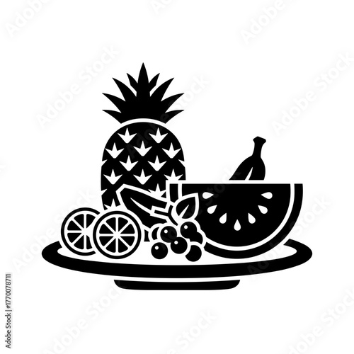 a vector illustration of a fresh fruit platter with pineapple watermelon grapes banana and orange on a plate