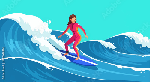 Animated cartoon showing a woman in wetsuit enjoying surfing the impressive waves on the ocean