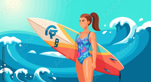Cartoon illustration of a confident surfer girl with board in front of large waves