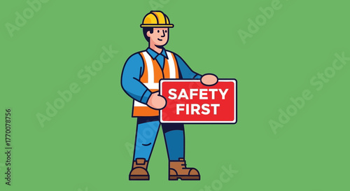 Construction Worker Holding Safety First Sign Illustration.