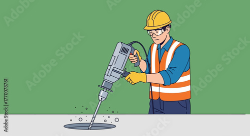 Construction Worker Drilling with Jackhammer Wearing Safety Gear.