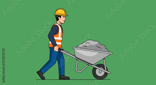 Construction Worker Pushing Wheelbarrow Filled with Gravel.