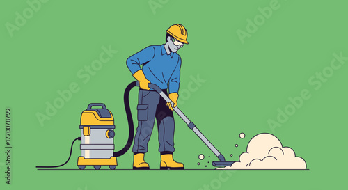 Worker Cleaning with Industrial Vacuum in Protective Gear.