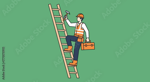 Construction Worker Ascending Ladder with Tools and Safety Gear.