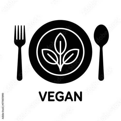 A simple vegan food icon featuring a plate fork spoon and leaves perfect for menu and diet plan designs