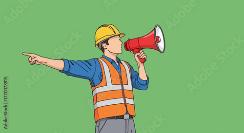 Construction Worker Directing with Megaphone.
