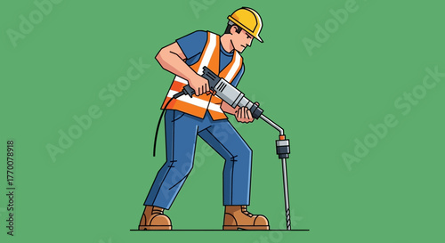 Construction Worker Using Jackhammer for Road Work Illustration.
