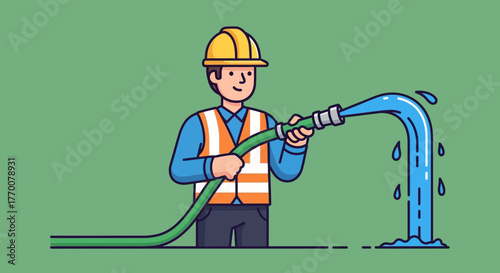 Construction Worker Using Hose with Water Flowing, Safety Gear.