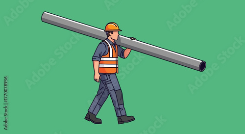 Construction Worker Carrying Pipe on Shoulder Illustration.