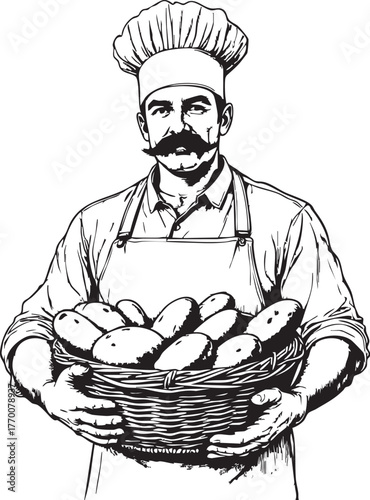 Vintage chef with mustache holding basket of potatoes, black and white vector for cooking, farm-to-table, and food themes