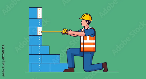 Construction Worker Measuring Brick Wall with Tape Measure.